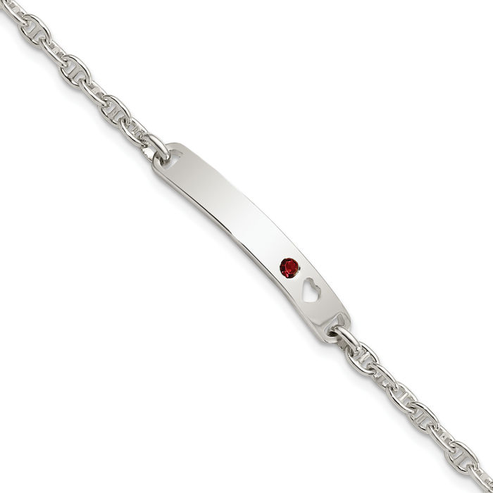 925 Sterling Silver ID Red Cubic Zirconia CZ Heart Chain Charm Bracelet