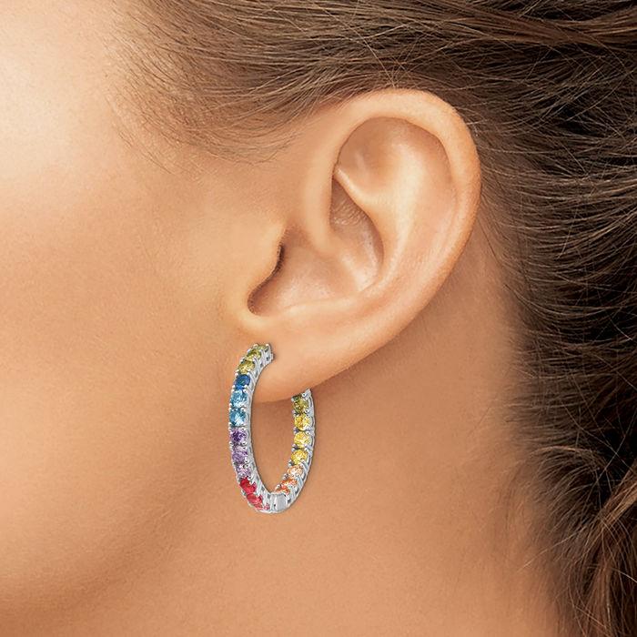 925 Sterling Silver Multi-color Cubic Zirconia CZ Round Medium Hoop Earrings