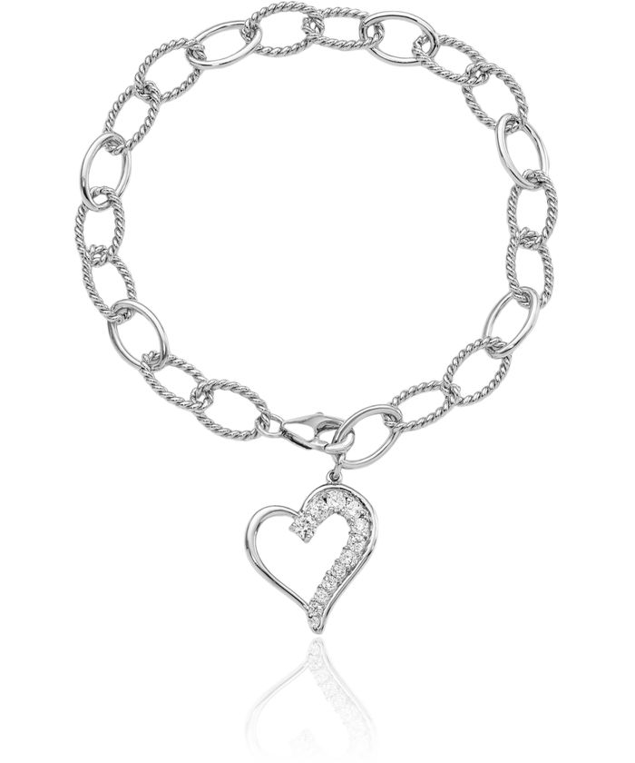 925 Sterling Silver Journey Heart Cubic Zirconia CZ Dangling Chain Charm Bracelet