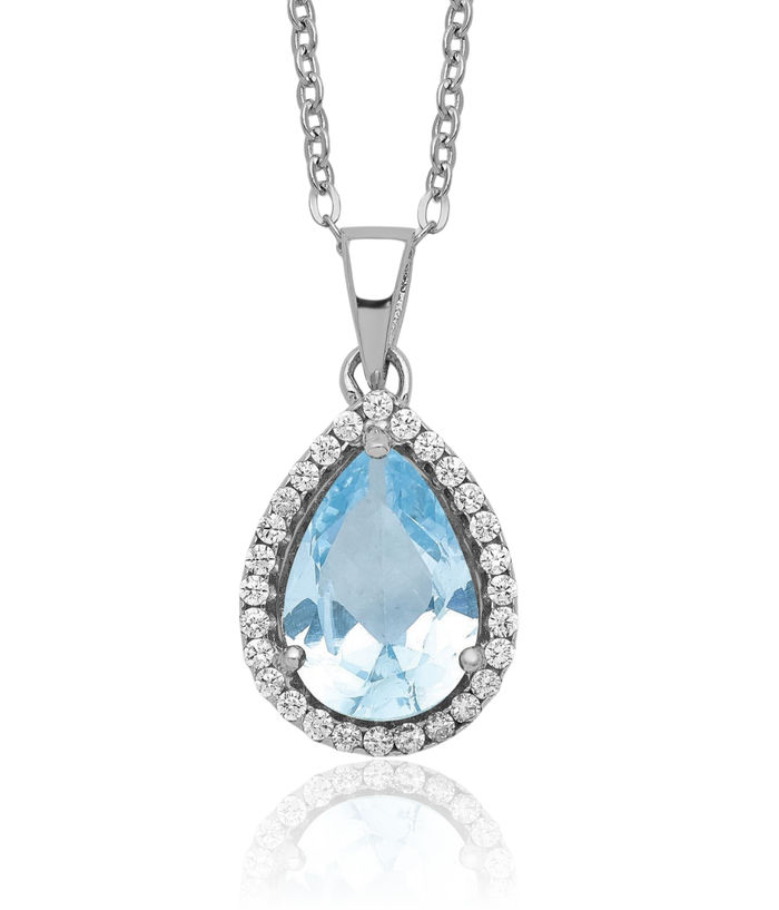 925 Sterling Silver Lab Blue Aquamarine Cubic Zirconia CZ Chain Necklace Gemstone Pendant Charm March Birthstone Jewelry