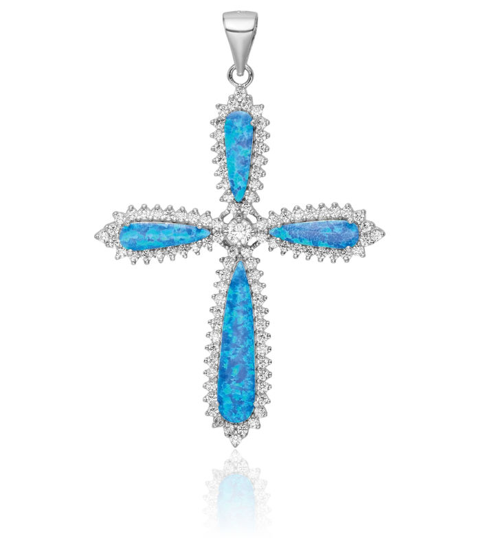 925 Sterling Silver Blue Lab Opal Cubic Zirconia CZ Holy Cross Necklace Religious Chain Pendant Jesus Christ Charm