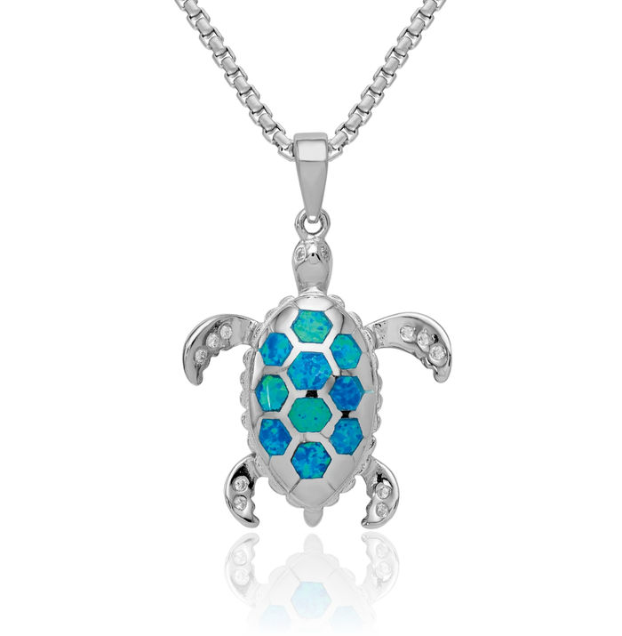 925 Sterling Silver Lab Blue Opal Cubic Zirconia CZ Sea Turtle Necklace Chain Pendant Charm