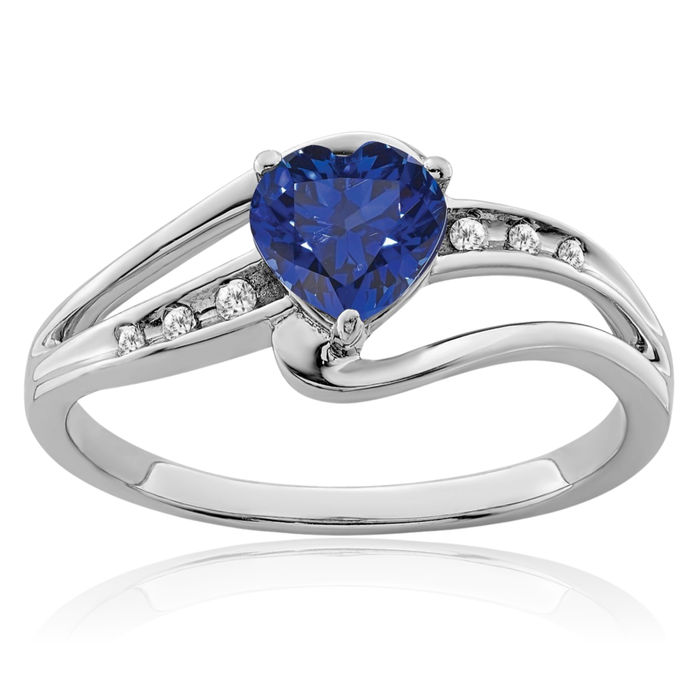 925 Sterling Silver Lab Blue Sapphire Diamond Heart Ring Love Band September Birthstone Jewelry