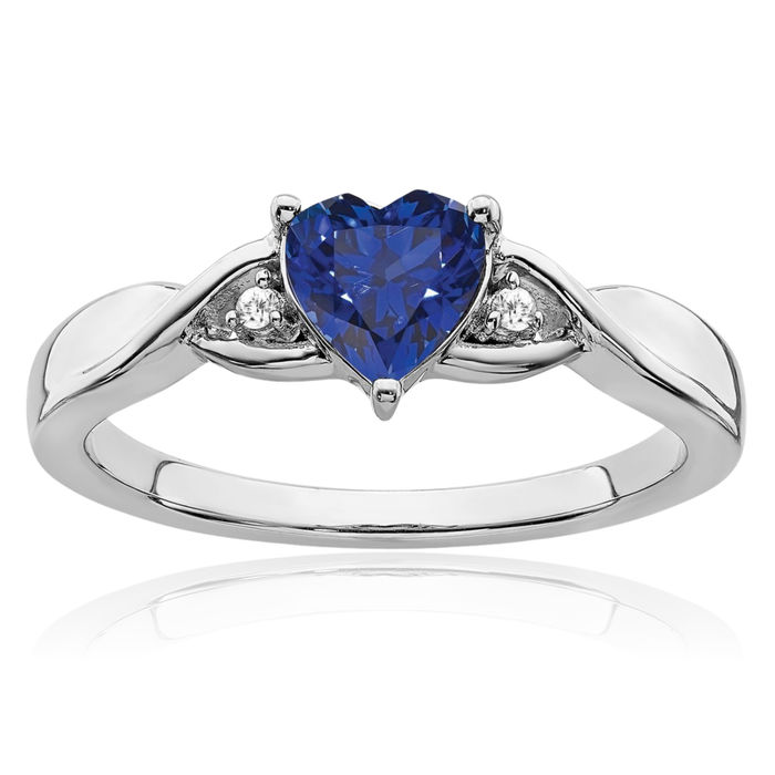 925 Sterling Silver Lab Blue Sapphire Diamond Heart Ring Love Band September Birthstone Jewelry