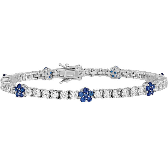 925 Sterling Silver Lab Blue Spinel Cubic Zirconia CZ Flower Chain Charm Bracelet