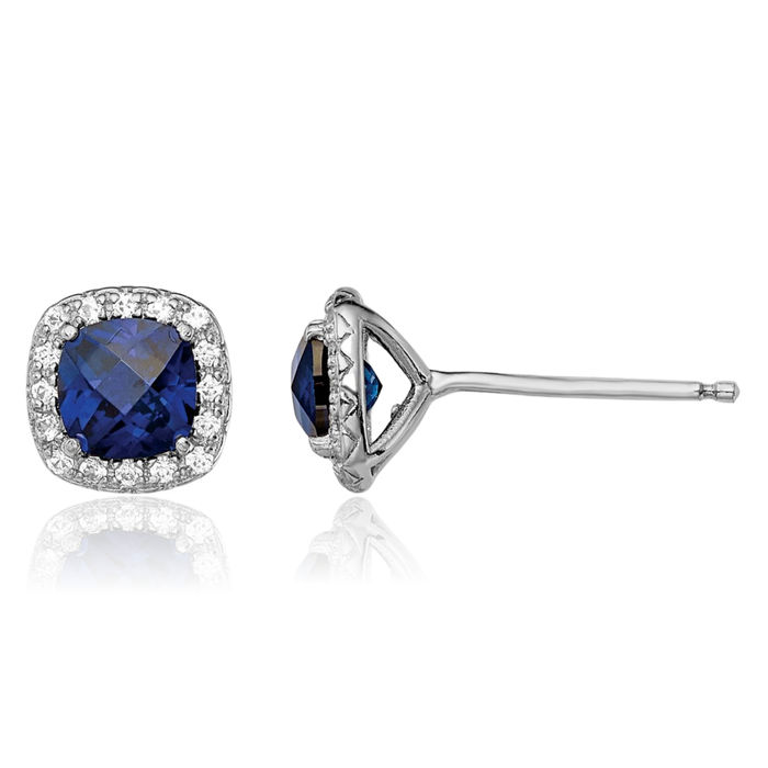 925 Sterling Silver Lab Blue White Sapphire Stud Earrings