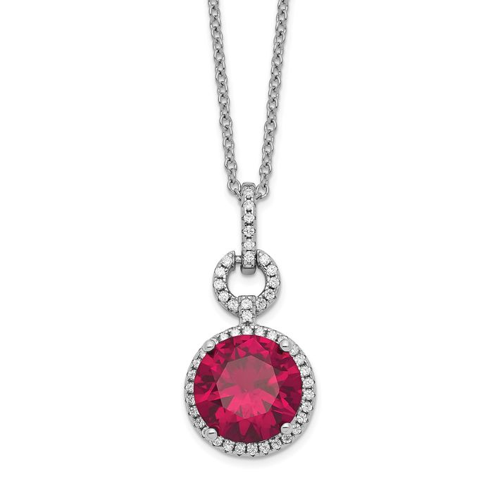 925 Sterling Silver Lab Red Ruby White Cubic Zirconia CZ Round Halo Necklace Chain Gemstone Pendant Charm