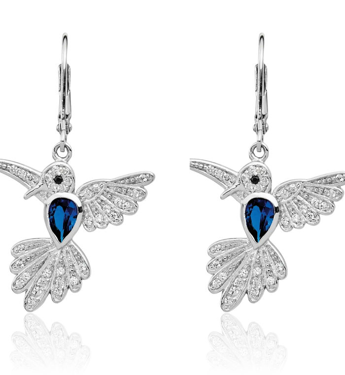 925 Sterling Silver Lab Dark Blue Spinel White Cubic Zirconia CZ Hummingbird Drop Dangle Earrings