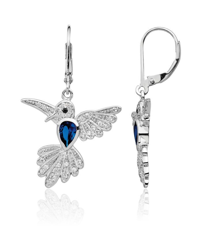 925 Sterling Silver Lab Dark Blue Spinel White Cubic Zirconia CZ Hummingbird Drop Dangle Earrings