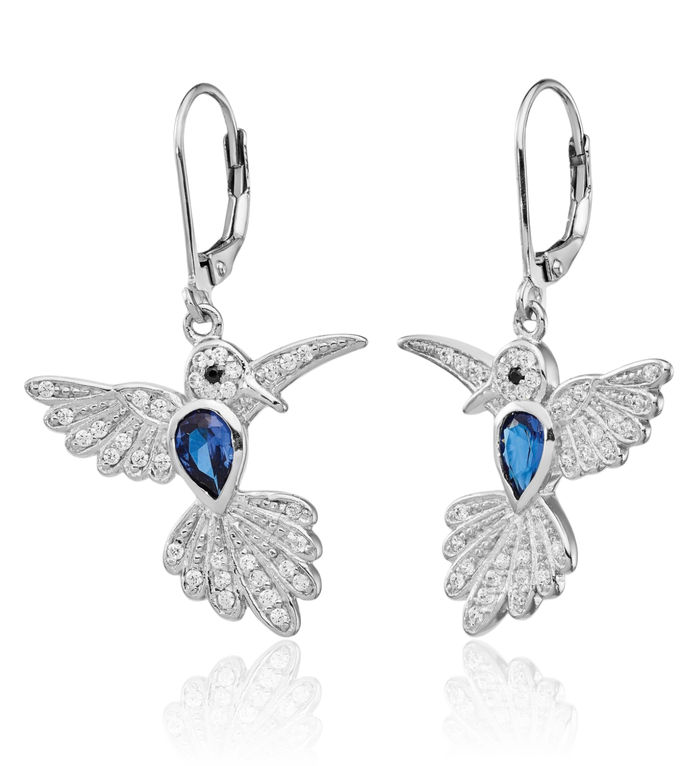 925 Sterling Silver Lab Dark Blue Spinel White Cubic Zirconia CZ Hummingbird Drop Dangle Earrings