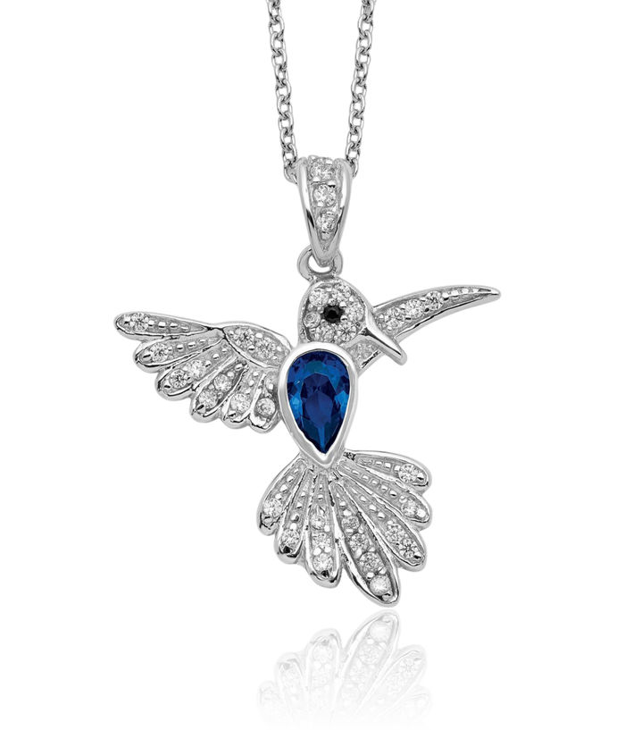 925 Sterling Silver Lab Dark Blue Spinel White Cubic Zirconia CZ Hummingbird Necklace Chain Gemstone Pendant Charm