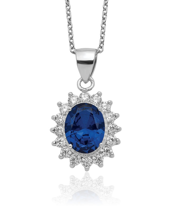 925 Sterling Silver Lab Dark Blue Spinel White Cubic Zirconia CZ Oval Halo Necklace Chain Gemstone Pendant Charm