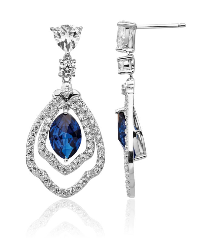 925 Sterling Silver Lab Dark Blue Spinel White Cubic Zirconia CZ Post Drop Dangle Earrings Gemstone Push Back