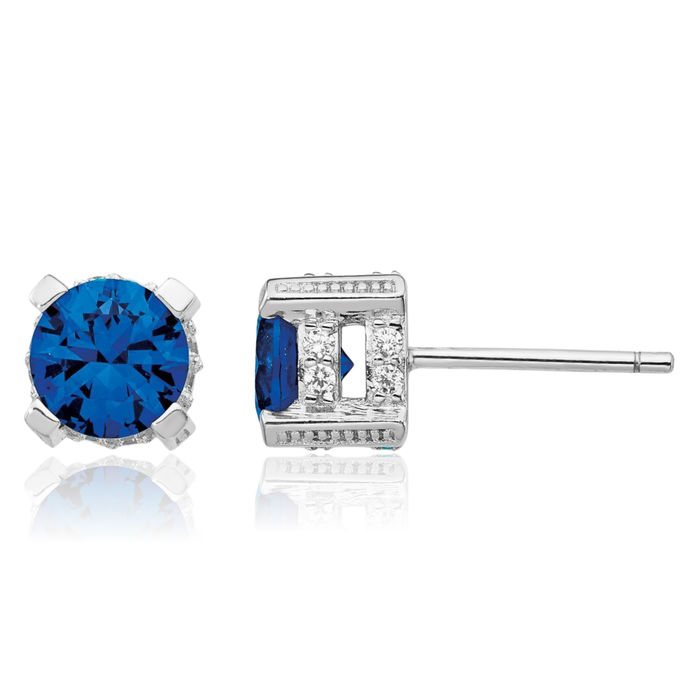 925 Sterling Silver Lab Dark Blue Spinel White Cubic Zirconia CZ Studs Gemstone Earrings