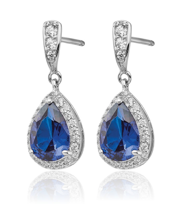 925 Sterling Silver Lab Dark Blue Spinel White Cubic Zirconia CZ Teardrop Post Drop Dangle Earrings Gemstone Push Back