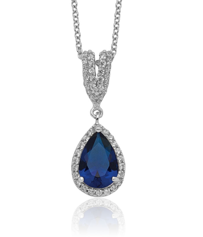 925 Sterling Silver Lab Dark Blue Spinel White Cubic Zirconia CZ Teardrop Halo Round Necklace Chain Gemstone Pendant Charm