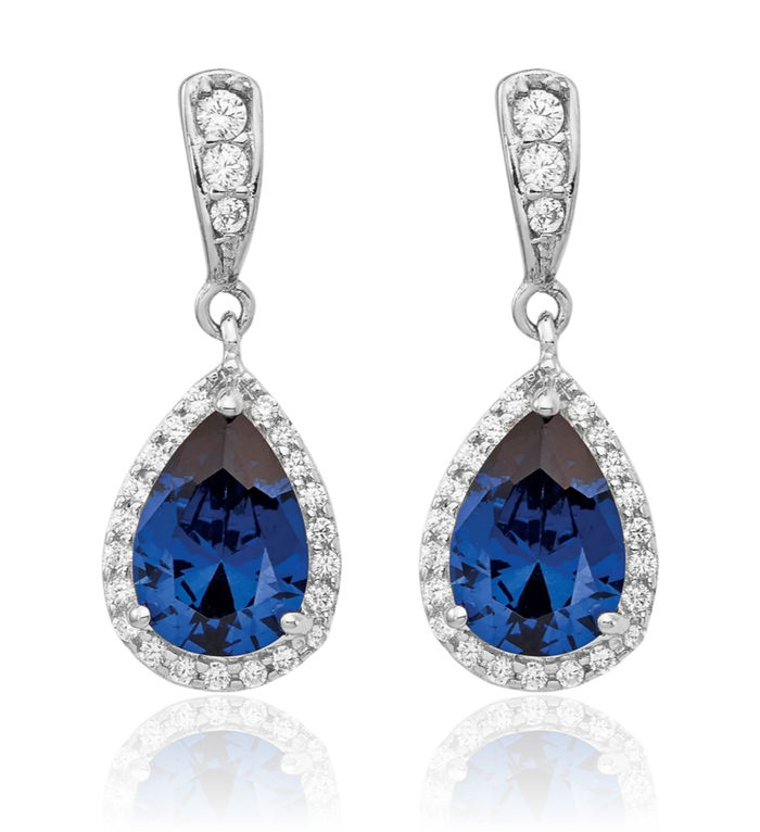 925 Sterling Silver Lab Dark Blue Spinel White Cubic Zirconia CZ Teardrop Post Drop Dangle Earrings Gemstone Push Back