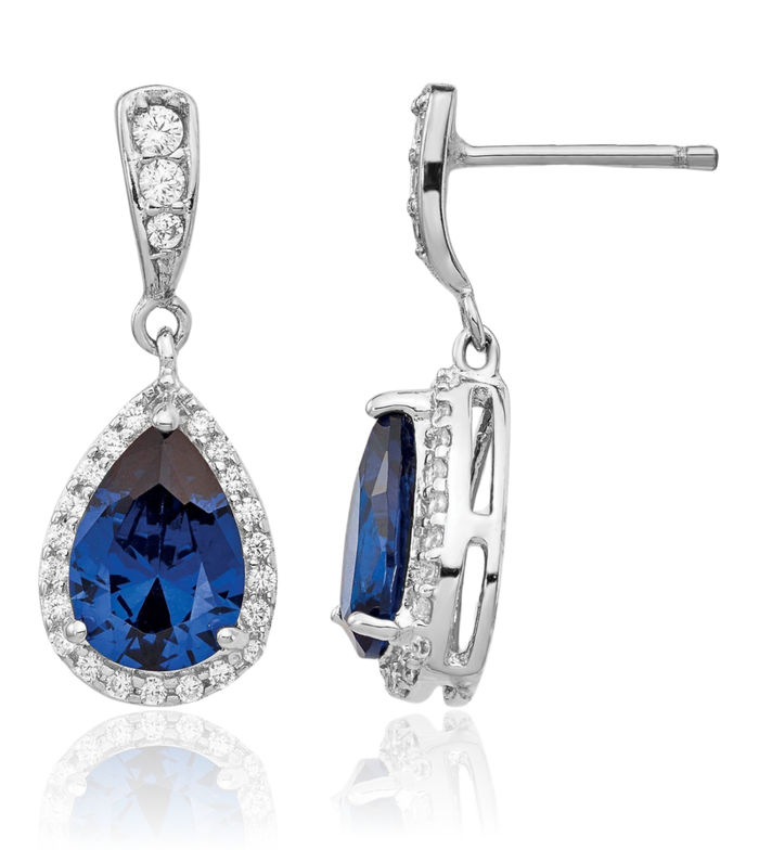 925 Sterling Silver Lab Dark Blue Spinel White Cubic Zirconia CZ Teardrop Post Drop Dangle Earrings Gemstone Push Back