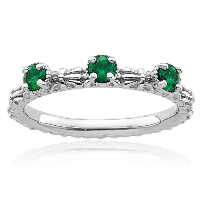 925 Sterling Silver Lab Green Emerald 3 Stone Stacking Ring Gemstone Band May Birthstone Jewelry