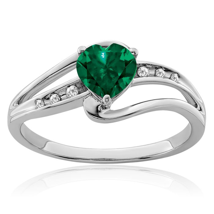 925 Sterling Silver Lab Green Emerald Diamond Heart Ring Love Band May Birthstone Jewelry