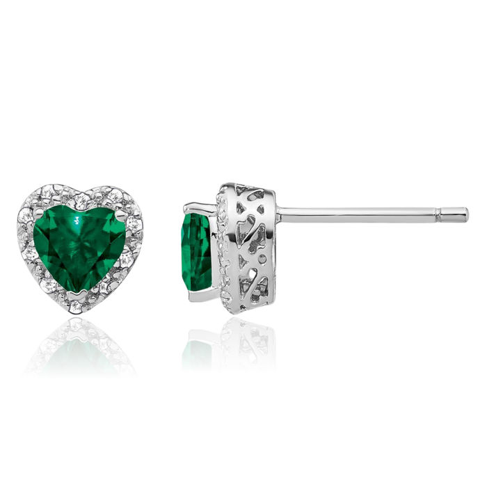 925 Sterling Silver Lab Green Emerald Diamond Heart Stud Solitaire Earrings May Birthstone Jewelry