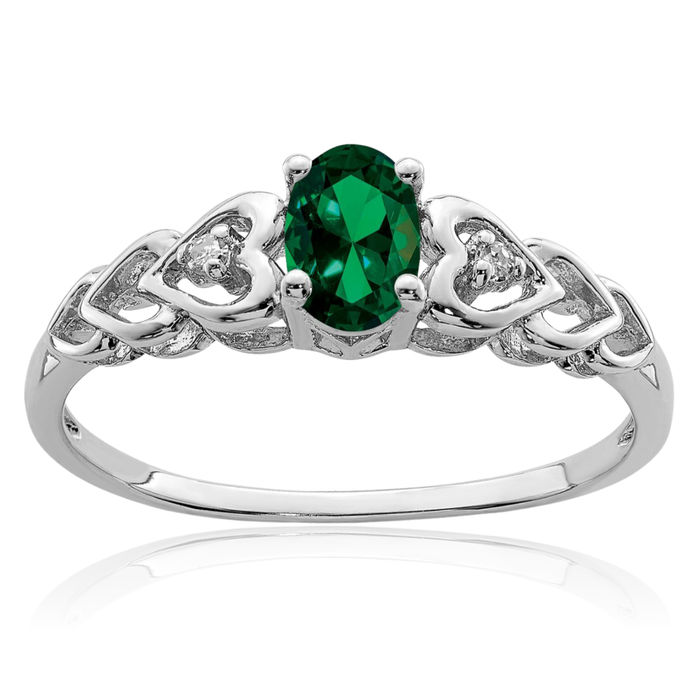 925 Sterling Silver Lab Green Emerald Diamond Ring May Birthstone Jewelry