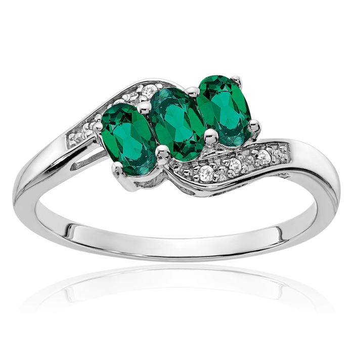 925 Sterling Silver Lab Green Emerald Diamond Ring May Birthstone Jewelry