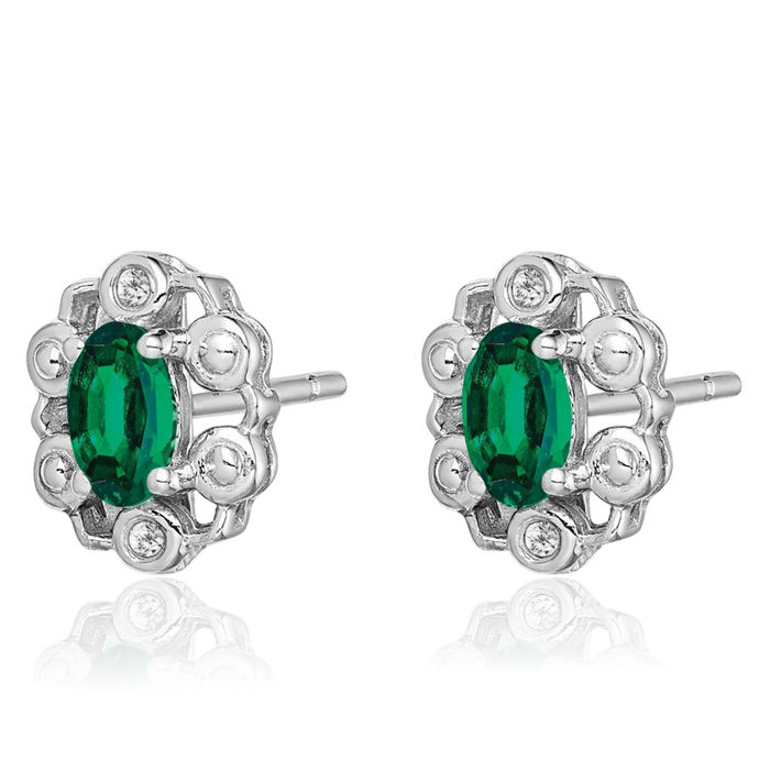 925 Sterling Silver Lab Green Emerald Diamond Stud Solitaire Earrings Gemstone Post Push Back May Birthstone Jewelry