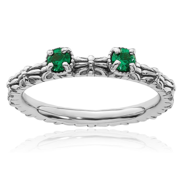 925 Sterling Silver Lab Green Emerald Two Stone Stacking Ring Gemstone Band May Birthstone Jewelry