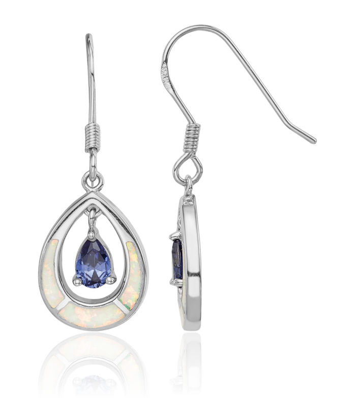 925 Sterling Silver Lab Opal Blue Cubic Zirconia CZ Teardrop Drop Dangle Earrings