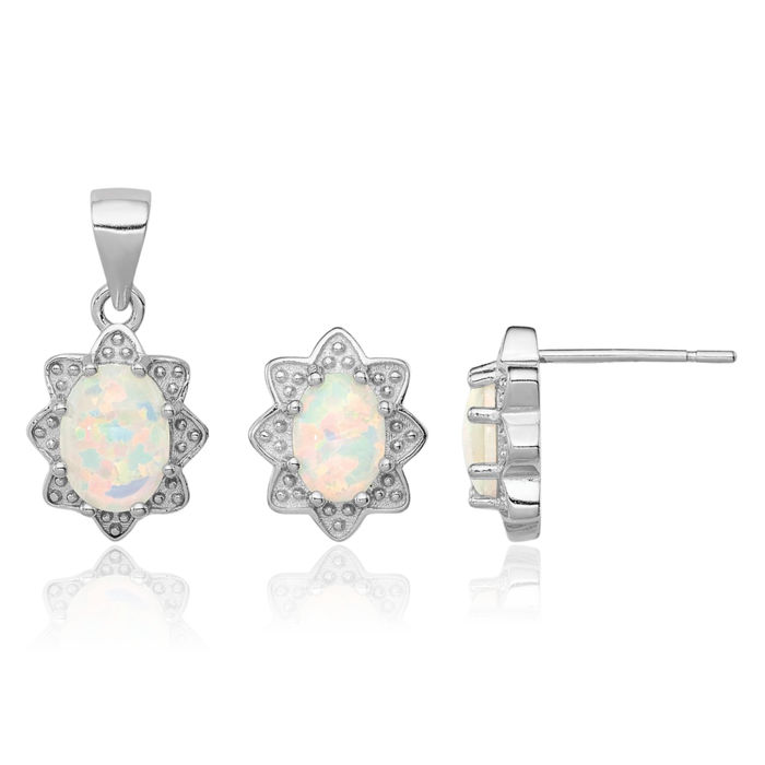 925 Sterling Silver Lab Opal Necklace Chain Pendant Charm Studs Gemstone Earrings Set