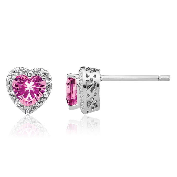 925 Sterling Silver Lab Pink Sapphire Diamond Heart Stud Solitaire Earrings October Birthstone Jewelry