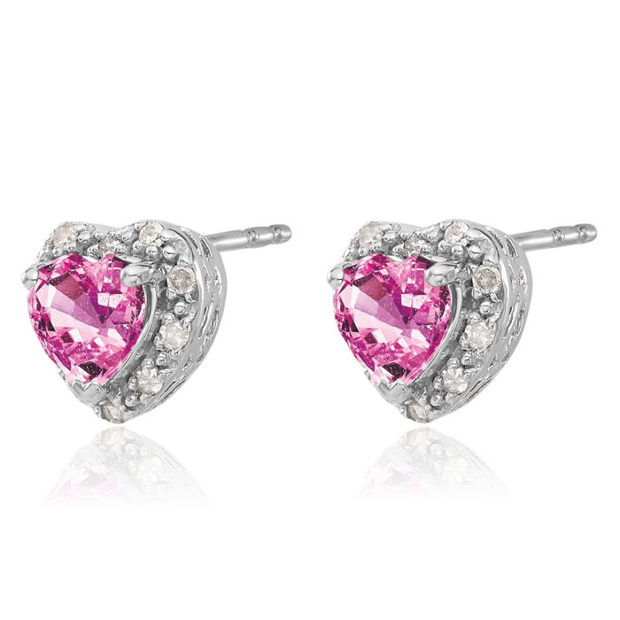 925 Sterling Silver Lab Pink Sapphire Diamond Heart Stud Solitaire Earrings October Birthstone Jewelry