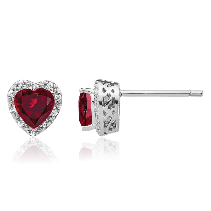 925 Sterling Silver Lab Red Ruby Diamond Heart Stud Solitaire Earrings July Birthstone Jewelry