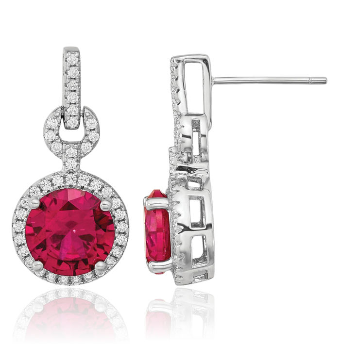 925 Sterling Silver Lab Red Ruby White Cubic Zirconia CZ Round Halo Post Drop Dangle Earrings Gemstone Push Back