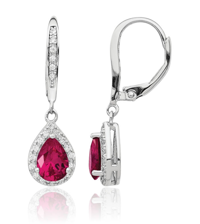 925 Sterling Silver Lab Red Ruby White Cubic Zirconia CZ Teardrop Drop Dangle Earrings Gemstone