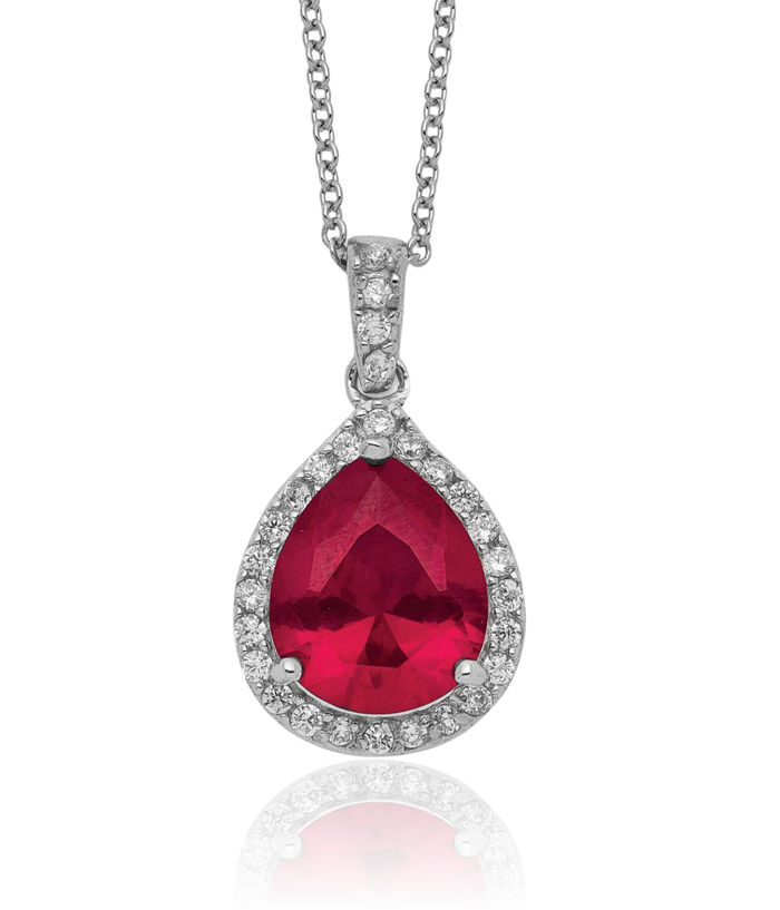 925 Sterling Silver Lab Red Ruby White Cubic Zirconia CZ Teardrop Halo Round Necklace Chain Gemstone Pendant Charm