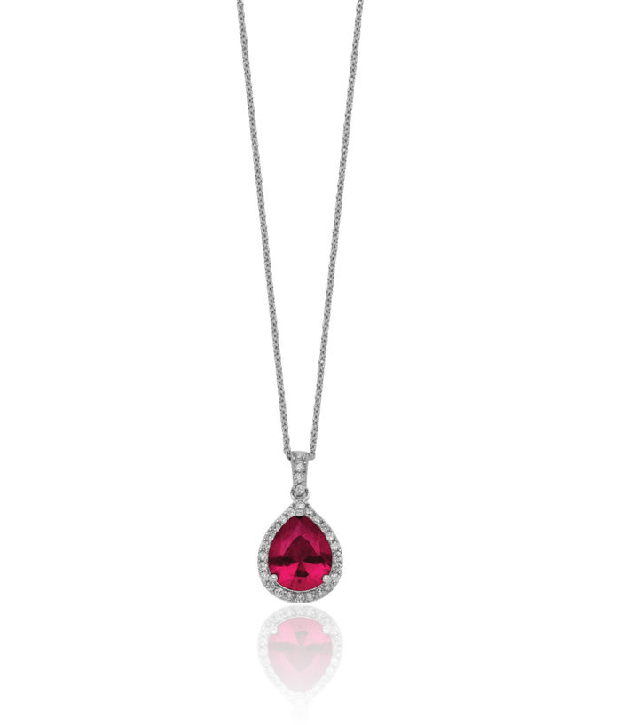 925 Sterling Silver Lab Red Ruby White Cubic Zirconia CZ Teardrop Halo Round Necklace Chain Gemstone Pendant Charm