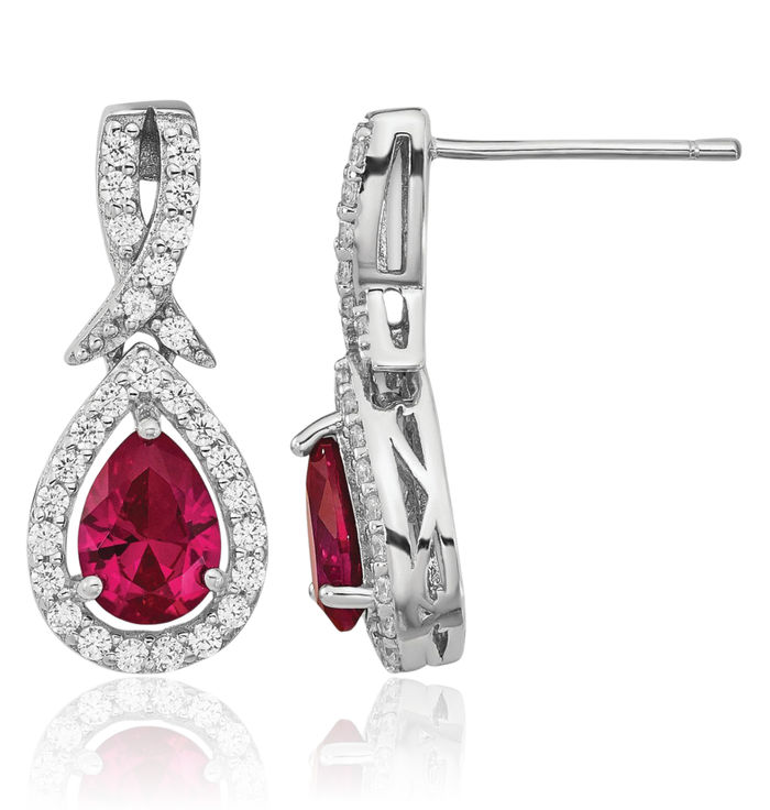 925 Sterling Silver Lab Red Ruby White Cubic Zirconia CZ Teardrop Post Drop Dangle Earrings Gemstone Push Back