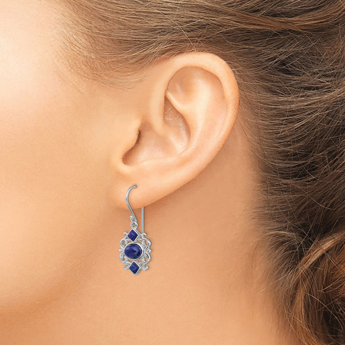 925 Sterling Silver Antique Filigree Lapis Lazuli Drop Dangle Earrings