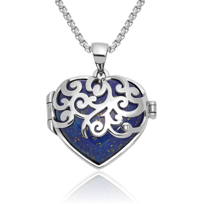 925 Sterling Silver Lapis Lazuli Heart Personalized Photo Locket Necklace Gemstone Pendant Charm