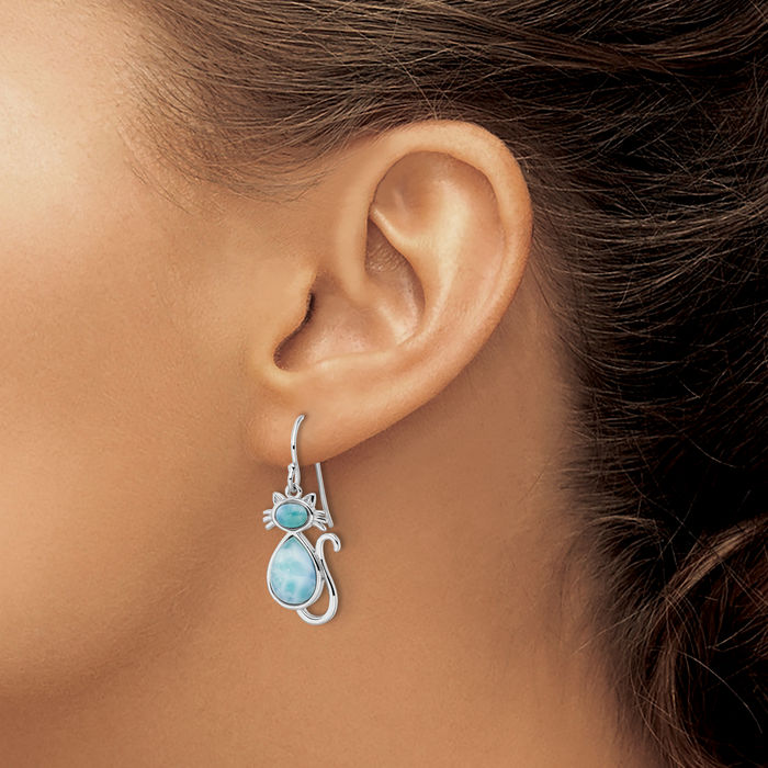 925 Sterling Silver Blue Larimar Cat Drop Dangle Earrings