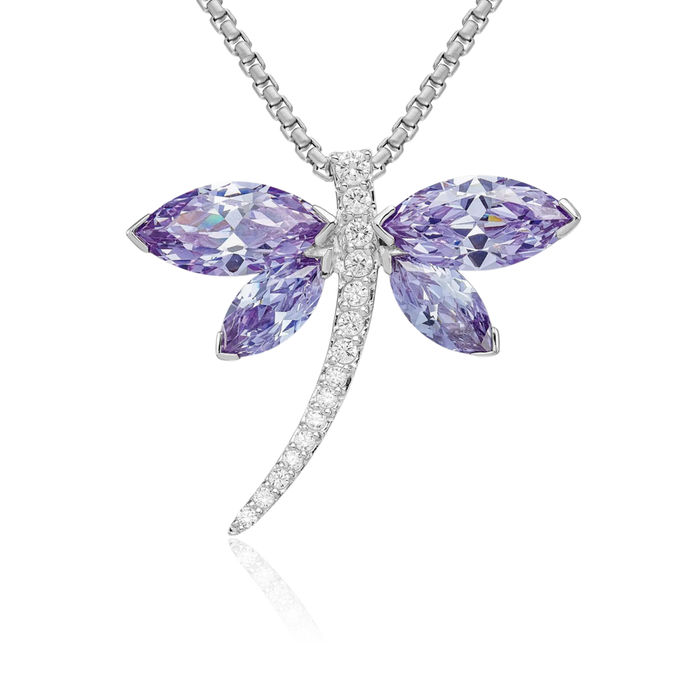 925 Sterling Silver Lavender Cubic Zirconia CZ Dragonfly Slide Chain Necklace Pendant Charm