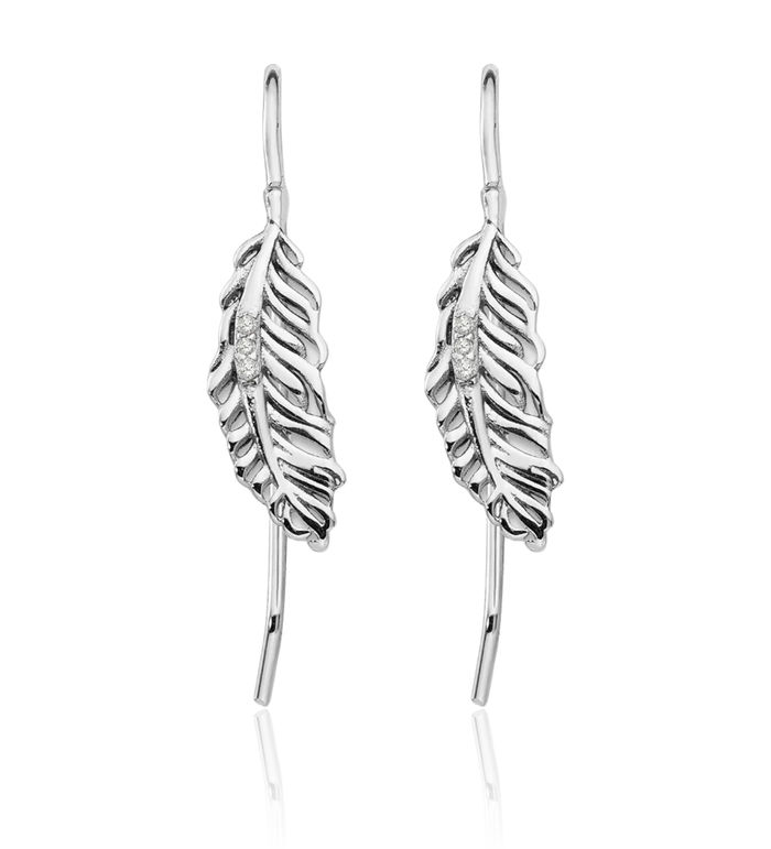 925 Sterling Silver Leaf Diamond Feather Drop Dangle Earrings