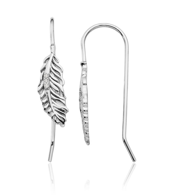 925 Sterling Silver Leaf Diamond Feather Drop Dangle Earrings