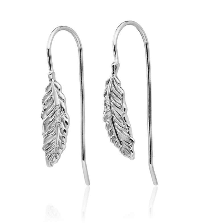 925 Sterling Silver Leaf Diamond Feather Drop Dangle Earrings