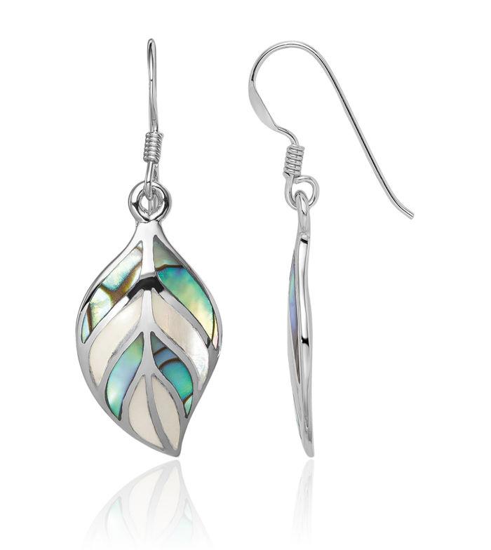 925 Sterling Silver Leaf Mother of Pearl Abalone Drop Dangle Earrings