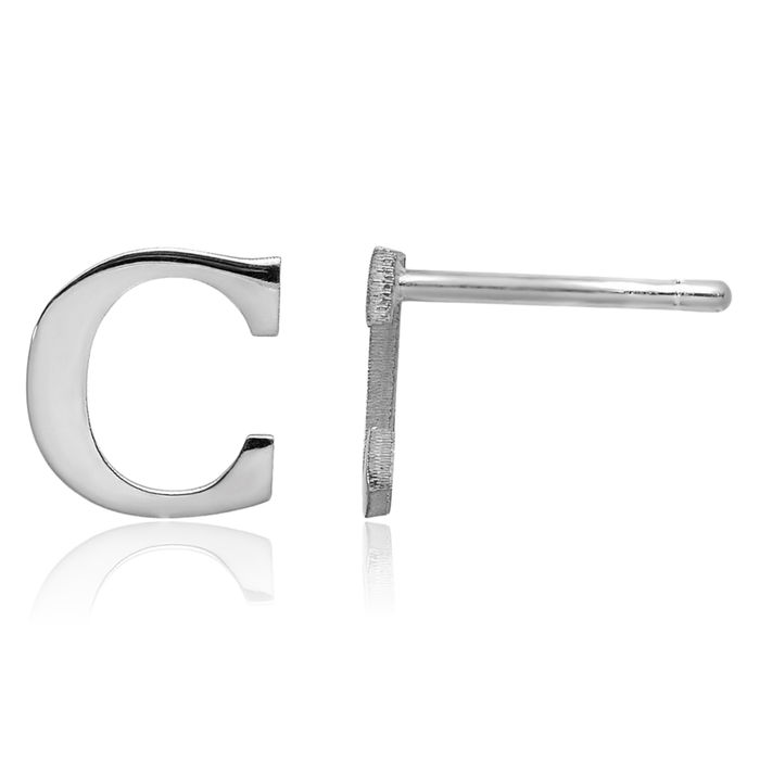 925 Sterling Silver Dainty Letter C Initial Name Monogram Stud Earrings