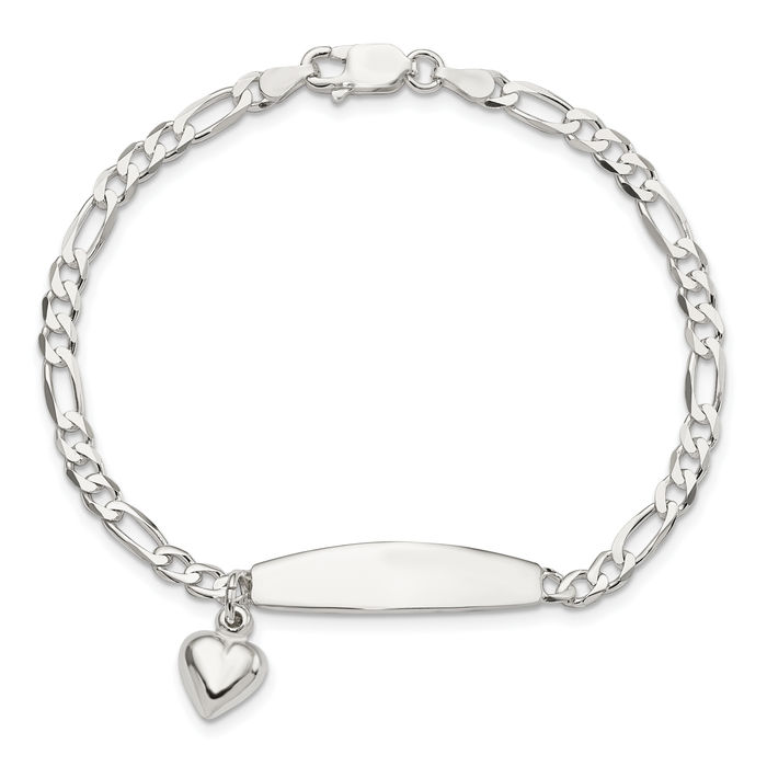 925 Sterling Silver Figaro Link ID Heart Dangling Charm