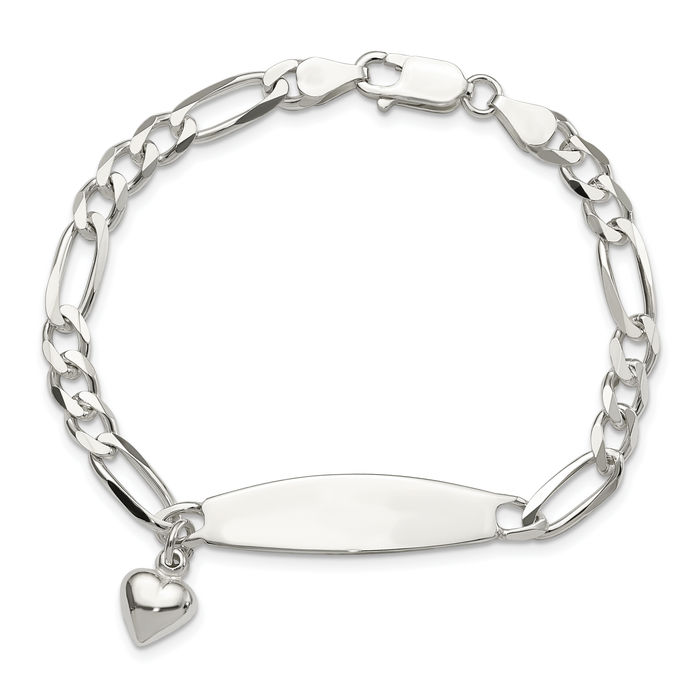 925 Sterling Silver Figaro Link ID Heart Dangling Charm Bracelet - Picture 9 of 17